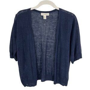 100% Linen Open Front Short Sleeve Cardigan Sweater Womens S Blue